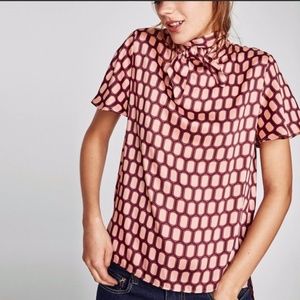 Zara Short Sleeve Tie Neck Print Blouse